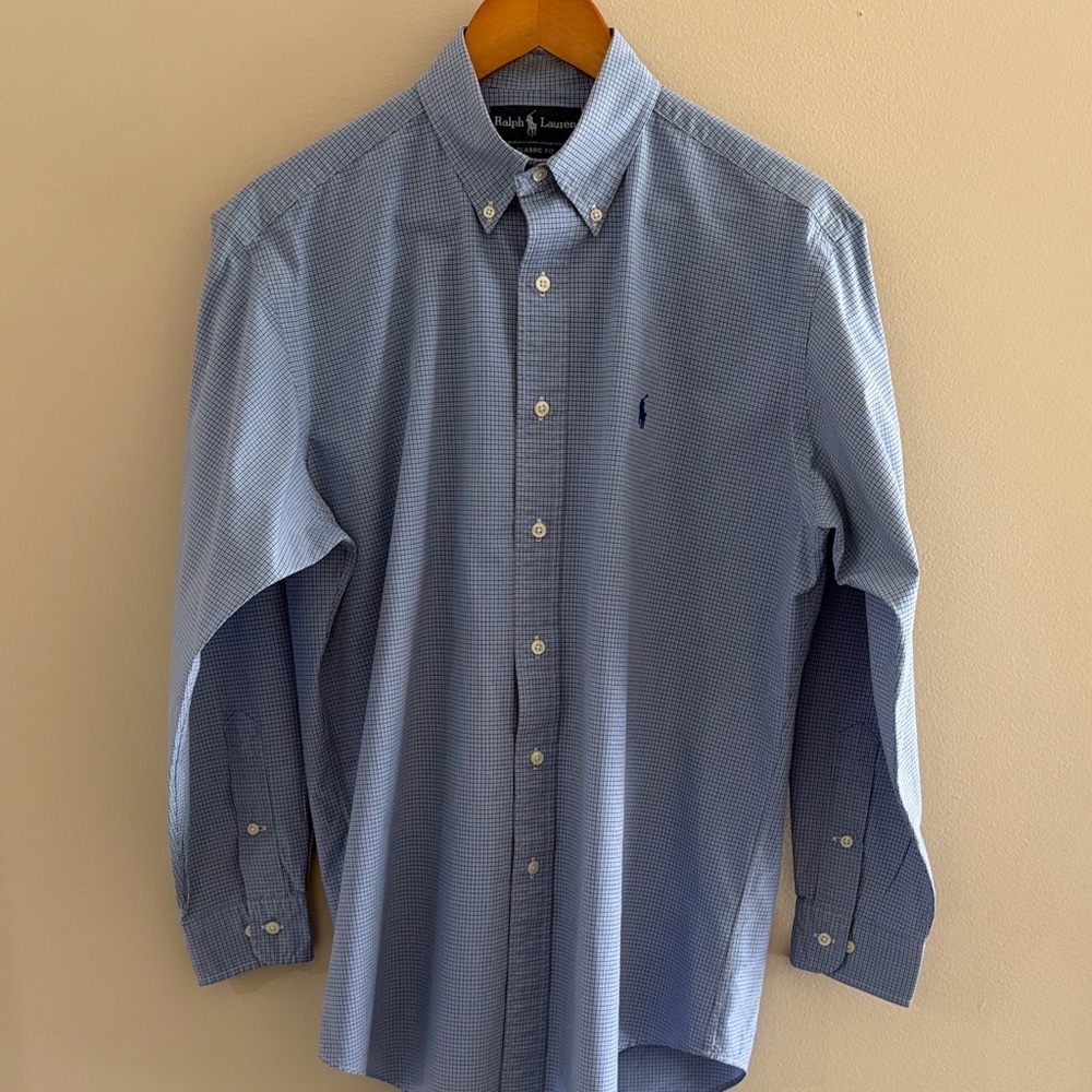 Ralph Lauren Men’s Blue Micro-Check Button-Down Shirt 15 1/2” 32/33 classic fit